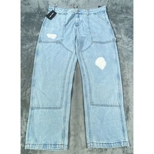 Homme Femme Jeans Mens 44x30 Blue Pleated Denim Distressed Grunge Wide Leg NEW